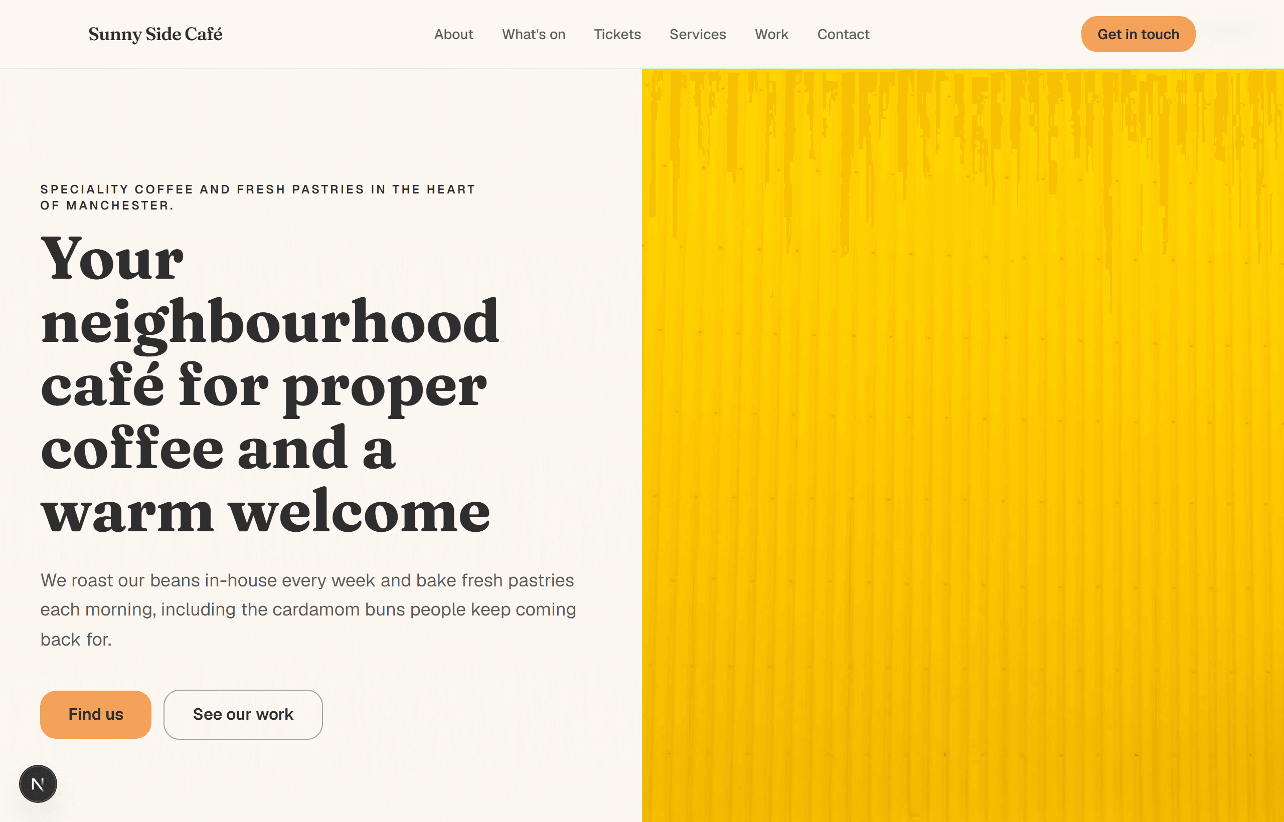 A café website MaxMyMarket built — a warm split-hero homepage set in the brand's own colours and type.